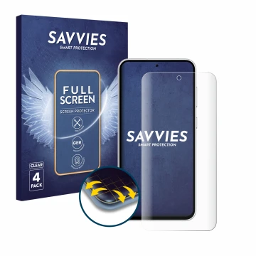 Vorderseite einer Produktverpackung mit dem Markenlogo Savvies. Daneben ist das Gerät Samsung Galaxy S23 FE mit dem zugehörige