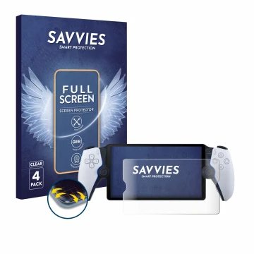 Vorderseite einer Produktverpackung mit dem Markenlogo Savvies. Daneben ist das Gerät Sony Playstation Portal mit dem zugehöri