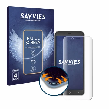 Vorderseite einer Produktverpackung mit dem Markenlogo Savvies. Daneben ist das Gerät Emporia Smart 5 Mini mit dem zugehörigen