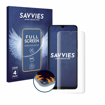 Vorderseite einer Produktverpackung mit dem Markenlogo Savvies. Daneben ist das Gerät Xiaomi Poco C65 mit dem zugehörigen Disp