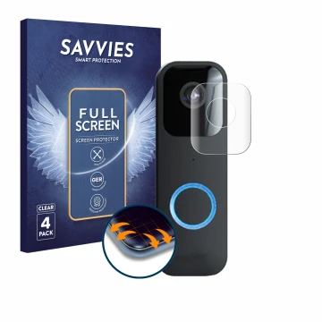 Vorderseite einer Produktverpackung mit dem Markenlogo Savvies. Daneben ist das Gerät Blink Video Doorbell mit dem zugehörigen