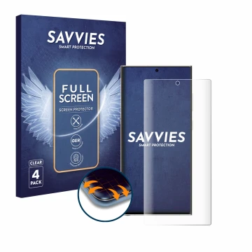 Vorderseite einer Produktverpackung mit dem Markenlogo Savvies. Daneben ist das Gerät Samsung Galaxy S23 Ultra Enterprise Edit