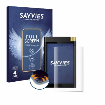Vorderseite einer Produktverpackung mit dem Markenlogo Savvies. Daneben ist das Gerät Surfans F28 mit dem zugehörigen Displays
