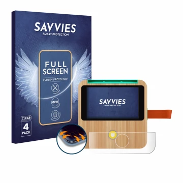 Vorderseite einer Produktverpackung mit dem Markenlogo Savvies. Daneben ist das Gerät tigerbox Touch Plus mit dem zugehörigen 
