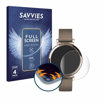 Vorderseite einer Produktverpackung mit dem Markenlogo Savvies. Daneben ist das Gerät Garmin Lily 2 mit dem zugehörigen Displa