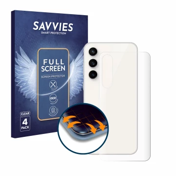 Vorderseite einer Produktverpackung mit dem Markenlogo Savvies. Daneben ist das Gerät Samsung Galaxy S23 FE (Rückseite) mit de