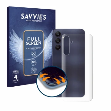 Vorderseite einer Produktverpackung mit dem Markenlogo Savvies. Daneben ist das Gerät Samsung Galaxy A25 5G (Rückseite) mit de
