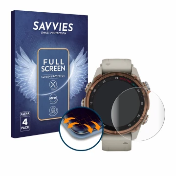 Vorderseite einer Produktverpackung mit dem Markenlogo Savvies. Daneben ist das Gerät Garmin Descent Mk3 (43 mm) mit dem zugeh