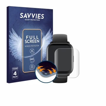 Vorderseite einer Produktverpackung mit dem Markenlogo Savvies. Daneben ist das Gerät Amazfit Active mit dem zugehörigen Displ
