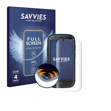 Vorderseite einer Produktverpackung mit dem Markenlogo Savvies. Daneben ist das Gerät Unihertz Jelly 2E mit dem zugehörigen Di