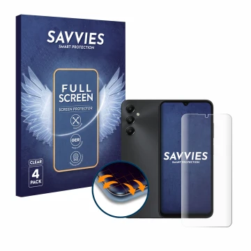 Vorderseite einer Produktverpackung mit dem Markenlogo Savvies. Daneben ist das Gerät Samsung Galaxy A05s mit dem zugehörigen 
