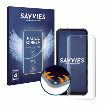 Vorderseite einer Produktverpackung mit dem Markenlogo Savvies. Daneben ist das Gerät Samsung Galaxy XCover 7 mit dem zugehöri