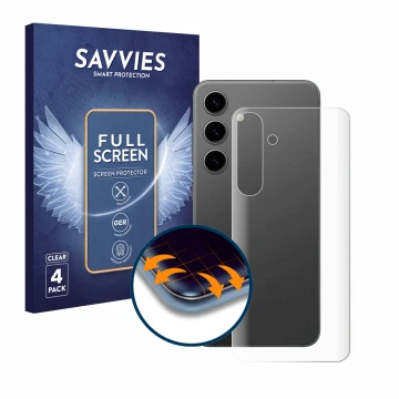 Vorderseite einer Produktverpackung mit dem Markenlogo Savvies. Daneben ist das Gerät Samsung Galaxy S24 Plus (Rückseite) mit 