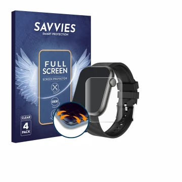 Vorderseite einer Produktverpackung mit dem Markenlogo Savvies. Daneben ist das Gerät walkbee Smartwatch 1.96