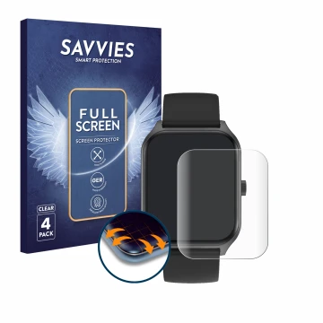 Vorderseite einer Produktverpackung mit dem Markenlogo Savvies. Daneben ist das Gerät Yuede Smartwatch 1.96