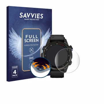 Vorderseite einer Produktverpackung mit dem Markenlogo Savvies. Daneben ist das Gerät Garmin Descent Mk3i (43 mm) mit dem zuge
