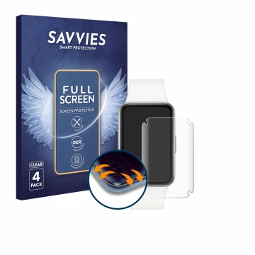 Vorderseite einer Produktverpackung mit dem Markenlogo Savvies. Daneben ist das Gerät Samsung Galaxy Fit3 mit dem zugehörigen 
