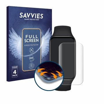 Vorderseite einer Produktverpackung mit dem Markenlogo Savvies. Daneben ist das Gerät Xiaomi Smart Band 8 Active mit dem zugeh