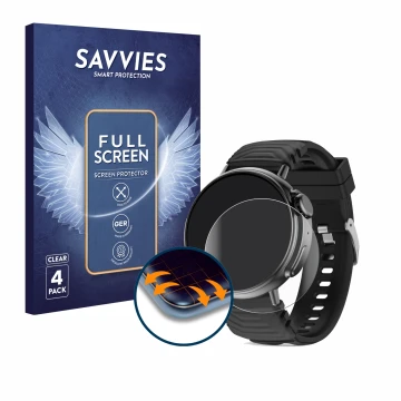 Vorderseite einer Produktverpackung mit dem Markenlogo Savvies. Daneben ist das Gerät AMZSA GT88 mit dem zugehörigen Displaysc