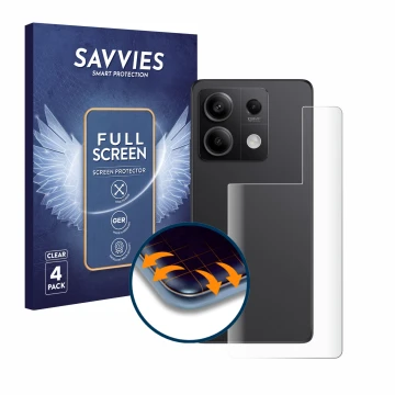 Vorderseite einer Produktverpackung mit dem Markenlogo Savvies. Daneben ist das Gerät Xiaomi Redmi Note 13 Pro 5G (Rückseite) 