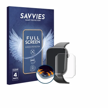 Vorderseite einer Produktverpackung mit dem Markenlogo Savvies. Daneben ist das Gerät Mingtawn Smartwatch 1.85