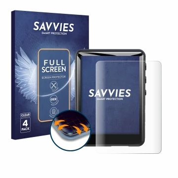 Vorderseite einer Produktverpackung mit dem Markenlogo Savvies. Daneben ist das Gerät Zaqe MP3 Player M4 2.4