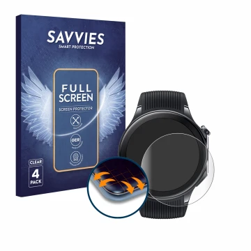 Vorderseite einer Produktverpackung mit dem Markenlogo Savvies. Daneben ist das Gerät OnePlus Watch 2 mit dem zugehörigen Disp