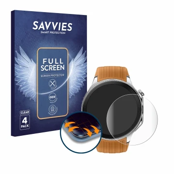 Vorderseite einer Produktverpackung mit dem Markenlogo Savvies. Daneben ist das Gerät Oppo Watch X mit dem zugehörigen Display