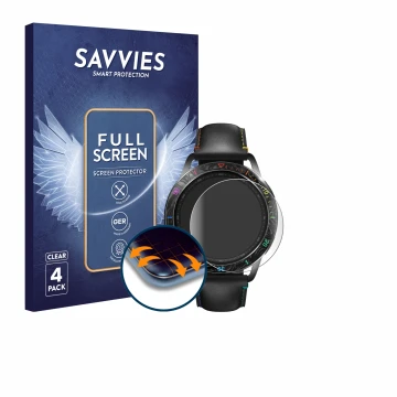 Vorderseite einer Produktverpackung mit dem Markenlogo Savvies. Daneben ist das Gerät Xiaomi Watch S3 mit dem zugehörigen Disp
