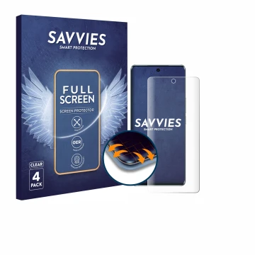 Vorderseite einer Produktverpackung mit dem Markenlogo Savvies. Daneben ist das Gerät Vivo V30 Pro mit dem zugehörigen Display