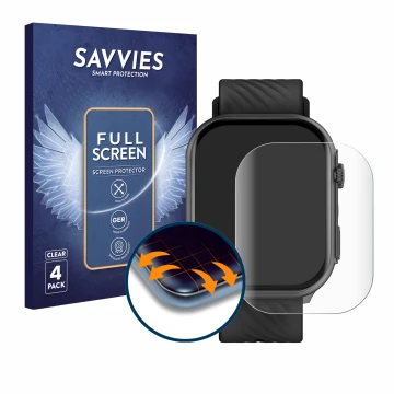 Vorderseite einer Produktverpackung mit dem Markenlogo Savvies. Daneben ist das Gerät Yuede Smartwatch 2