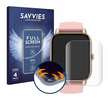 Vorderseite einer Produktverpackung mit dem Markenlogo Savvies. Daneben ist das Gerät Sross Smartwatch 1.83