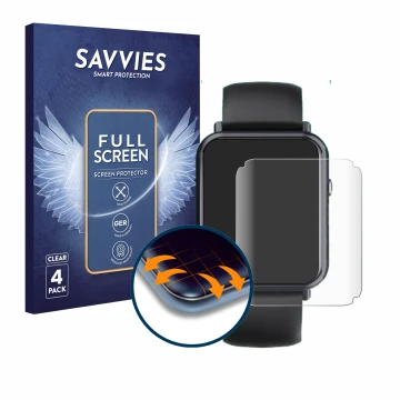 Vorderseite einer Produktverpackung mit dem Markenlogo Savvies. Daneben ist das Gerät Sross Smartwatch 1.69