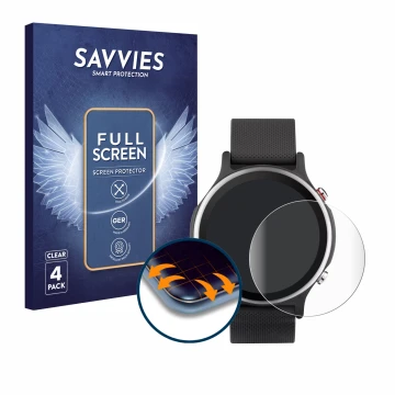 Vorderseite einer Produktverpackung mit dem Markenlogo Savvies. Daneben ist das Gerät ASUS VivoWatch 6 mit dem zugehörigen Dis