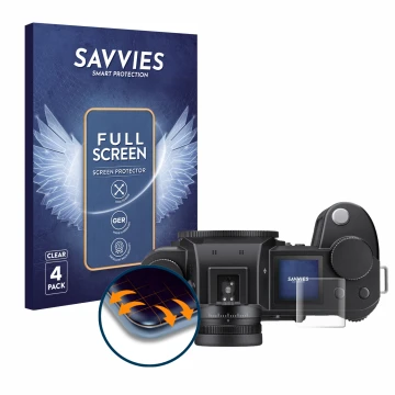 Vorderseite einer Produktverpackung mit dem Markenlogo Savvies. Daneben ist das Gerät Leica SL3 (Schulterdisplay) mit dem zuge