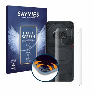 Vorderseite einer Produktverpackung mit dem Markenlogo Savvies. Daneben ist das Gerät Nothing Phone (2a) (Rückseite) mit dem z