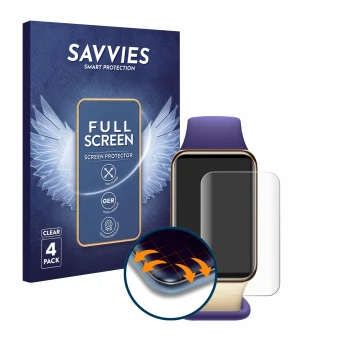 Vorderseite einer Produktverpackung mit dem Markenlogo Savvies. Daneben ist das Gerät Honor Band 9 mit dem zugehörigen Display