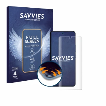Vorderseite einer Produktverpackung mit dem Markenlogo Savvies. Daneben ist das Gerät Vivo V40 SE mit dem zugehörigen Displays
