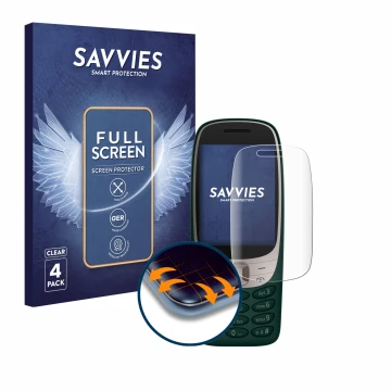 Vorderseite einer Produktverpackung mit dem Markenlogo Savvies. Daneben ist das Gerät Nokia 6310 (2024) mit dem zugehörigen Di