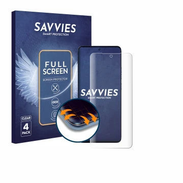 Vorderseite einer Produktverpackung mit dem Markenlogo Savvies. Daneben ist das Gerät Motorola Edge 50 Ultra mit dem zugehörig