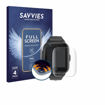 Vorderseite einer Produktverpackung mit dem Markenlogo Savvies. Daneben ist das Gerät Leotec Kids Allo Plus 4G mit dem zugehör