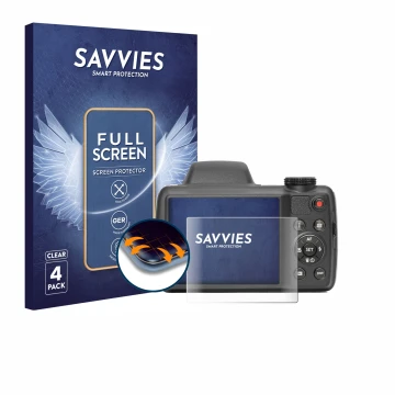 Vorderseite einer Produktverpackung mit dem Markenlogo Savvies. Daneben ist das Gerät Kodak Pixpro AZ528 mit dem zugehörigen D