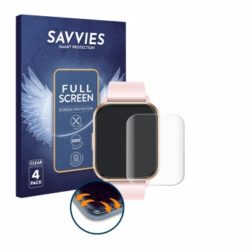 Vorderseite einer Produktverpackung mit dem Markenlogo Savvies. Daneben ist das Gerät walkbee Smartwatch 1.83