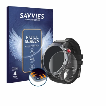 Vorderseite einer Produktverpackung mit dem Markenlogo Savvies. Daneben ist das Gerät Darmowade Smartwatch 1.32