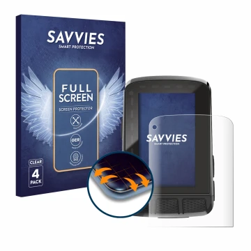 Vorderseite einer Produktverpackung mit dem Markenlogo Savvies. Daneben ist das Gerät Wahoo Elemnt Roam V2 GPS mit dem zugehör