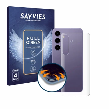 Vorderseite einer Produktverpackung mit dem Markenlogo Savvies. Daneben ist das Gerät Samsung Galaxy S24 Enterprise Edition (R
