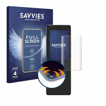 Vorderseite einer Produktverpackung mit dem Markenlogo Savvies. Daneben ist das Gerät realme GT 6 mit dem zugehörigen Displays