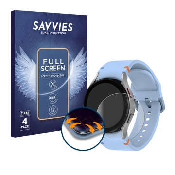 Vorderseite einer Produktverpackung mit dem Markenlogo Savvies. Daneben ist das Gerät Samsung Galaxy Watch FE mit dem zugehöri