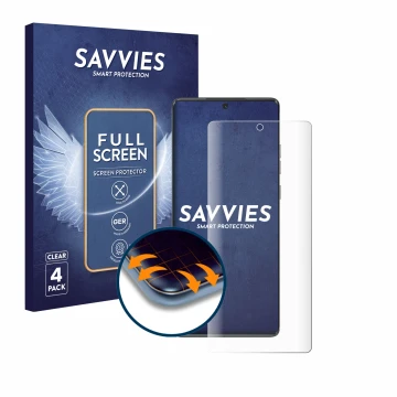 Vorderseite einer Produktverpackung mit dem Markenlogo Savvies. Daneben ist das Gerät Motorola Moto G85 mit dem zugehörigen Di