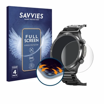 Vorderseite einer Produktverpackung mit dem Markenlogo Savvies. Daneben ist das Gerät Powerwill Smartwatch 1.39